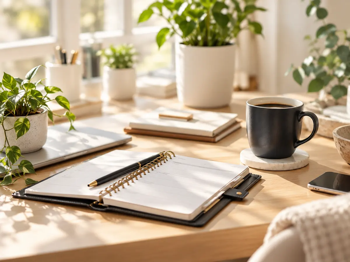 A sunny, tidy desk with an open planner, a black mug and potted plants