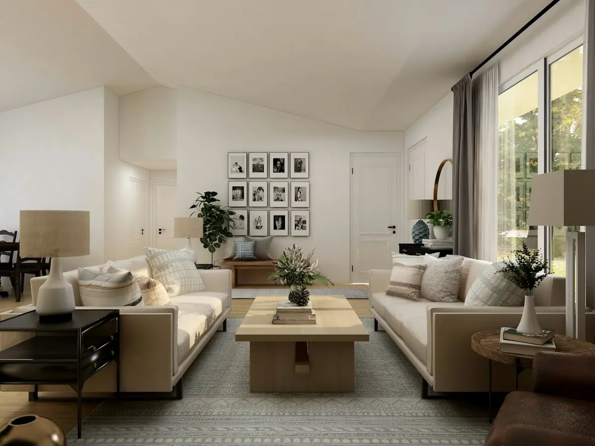 A calm, neutral living room staged with cream sofas, a wooden coffee table and green plants